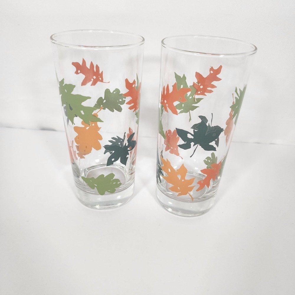 Vintage‎ 16 Oz Maple / Fall Leaf Glass Tumblers Set of 2, 6.5" Tall